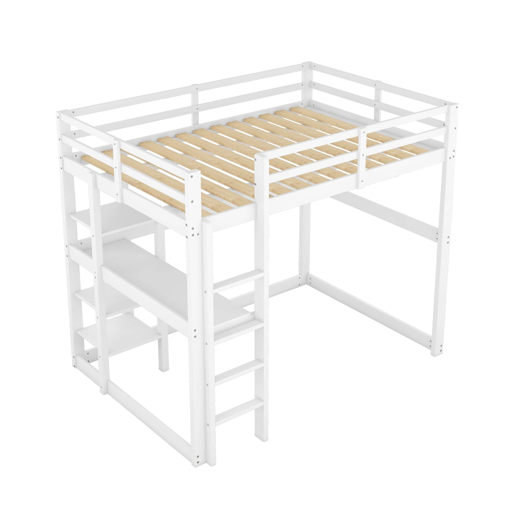 Letto a soppalco per bambini con contenitore, in pino massello, con 4 ripiani e piano scrivania, bianco, 140 x 200 cm