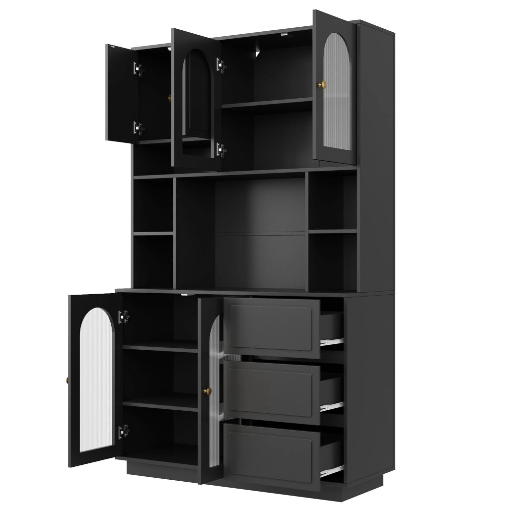 Credenza alta nera con LED app, ante acriliche e 3 cassetti