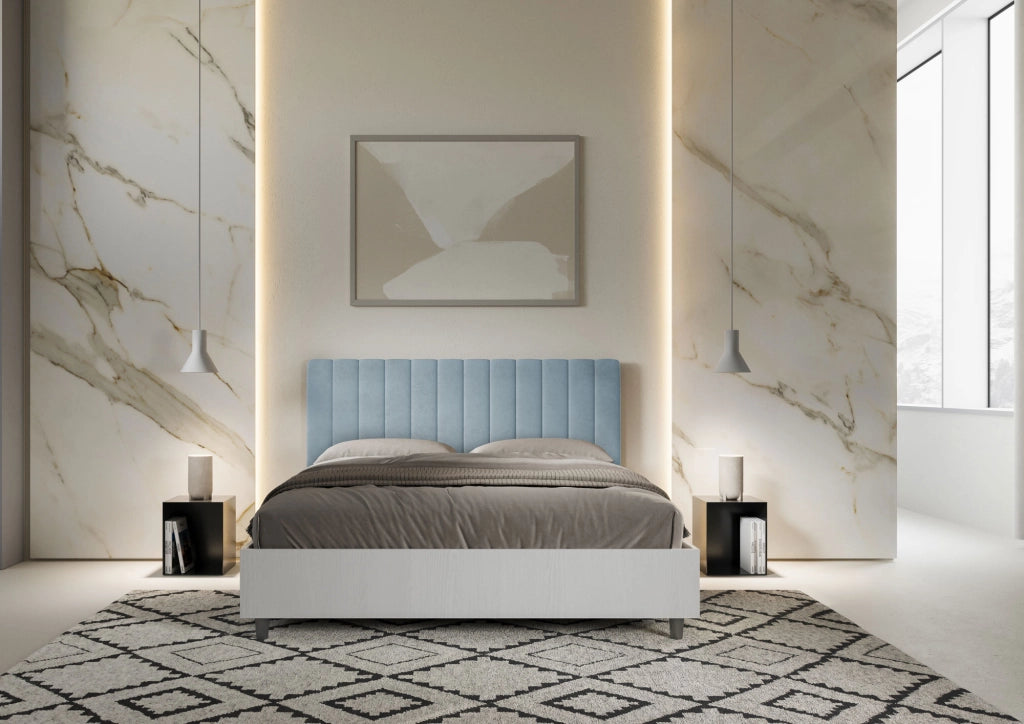 BS COM Letto matrimoniale con rete 160x190 bianco frassino testata microfibra azzurro