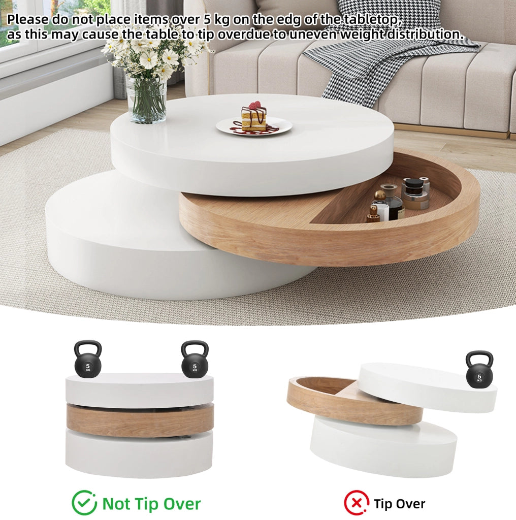 Tavolino da caffè rotondo girevole a 360° 60 x 60 x 35;1 cm; bianco e naturale; in MDF