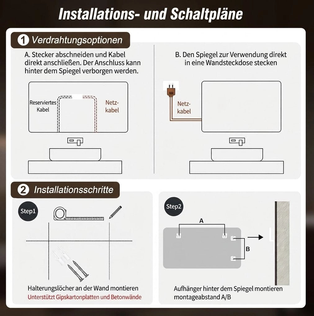 Specchio bagno LED nero con antiappannamento e luce regolabile