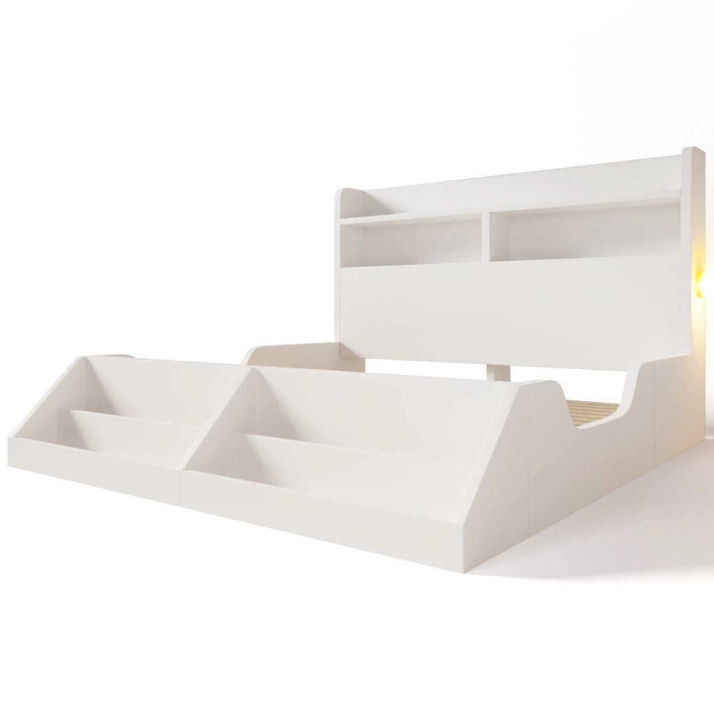 Letto in legno bianco 140x200 cm con contenitori, luci notturne e scaffale libreria removibile