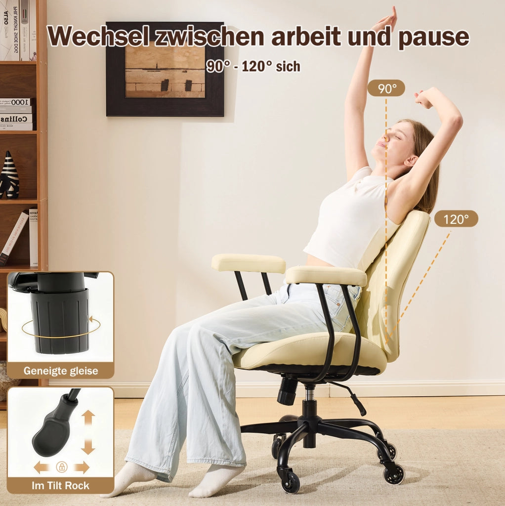 Sedia da ufficio ergonomica in pelle color crema con altezza seduta regolabile