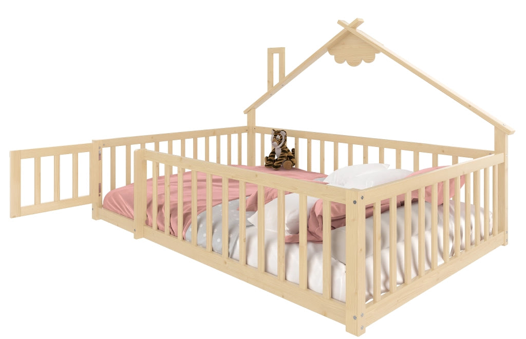 Letto Casetta 90x190 cm; Letto Singolo con Sponda e Serratura in Legno Naturale