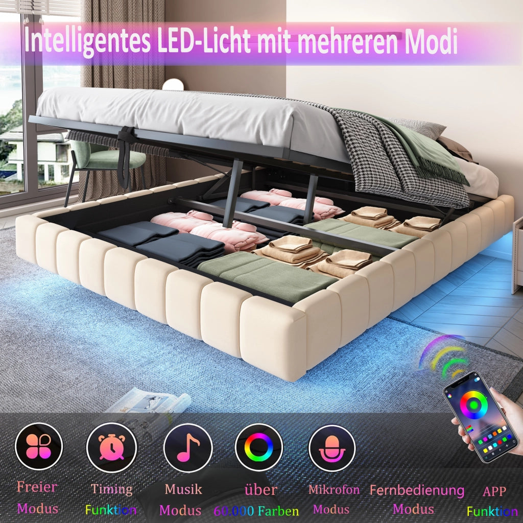 Letto imbottito 140x200 cm con contenitore; LED regolabile e struttura effetto sospeso beige