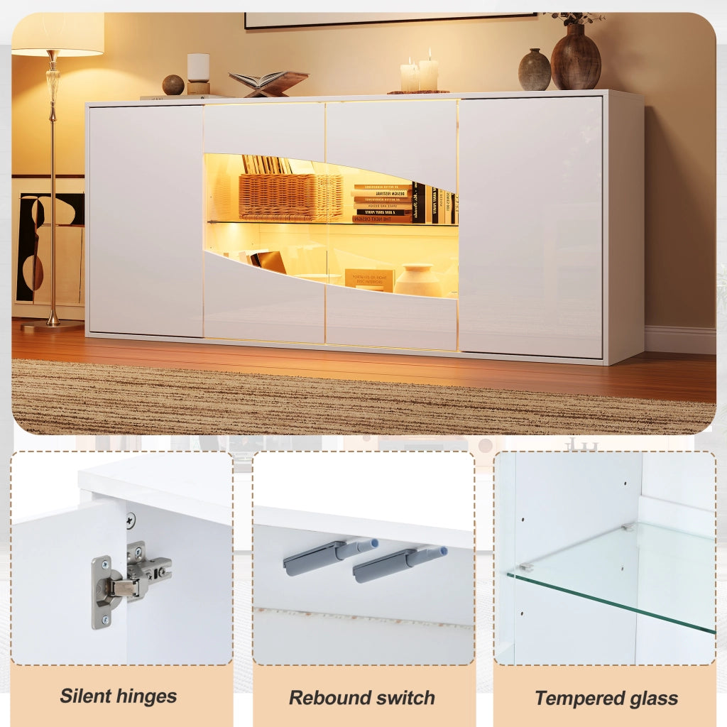 Credenza bianca lucida con illuminazione LED; 160 x 35 x 70 cm; quattro ante; MDF e vetro di sicurezza