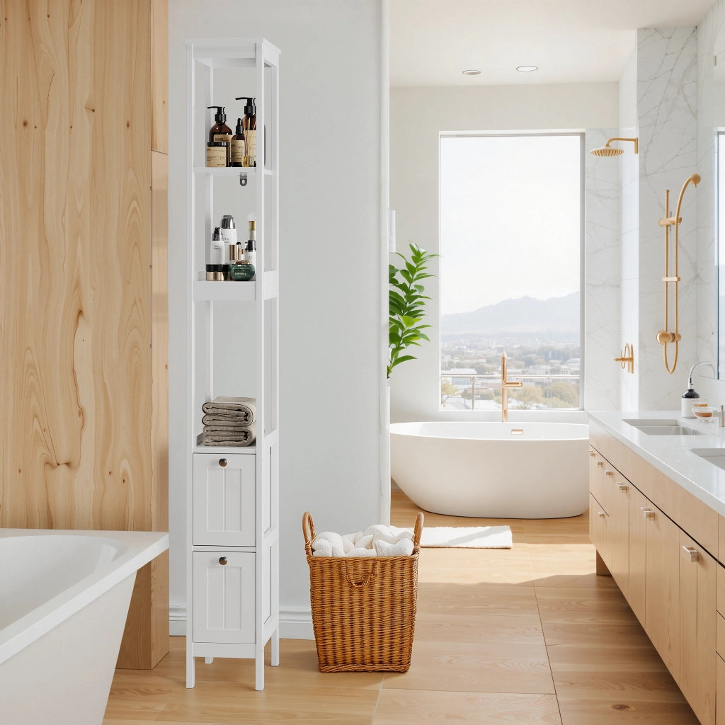 Colonna da bagno con 2 cassetti e 3 ripiani aperti in MDF bianca per spazi ridotti 20 × 30 × 160 cm