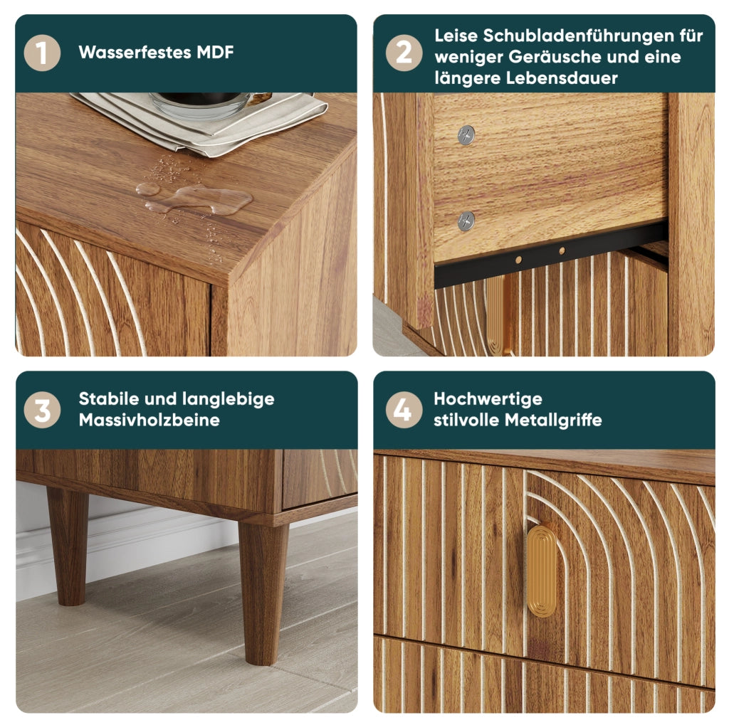 Comodino ULEVR in MDF marrone noce con 2 cassetti, inserti geometrici e gambe in legno