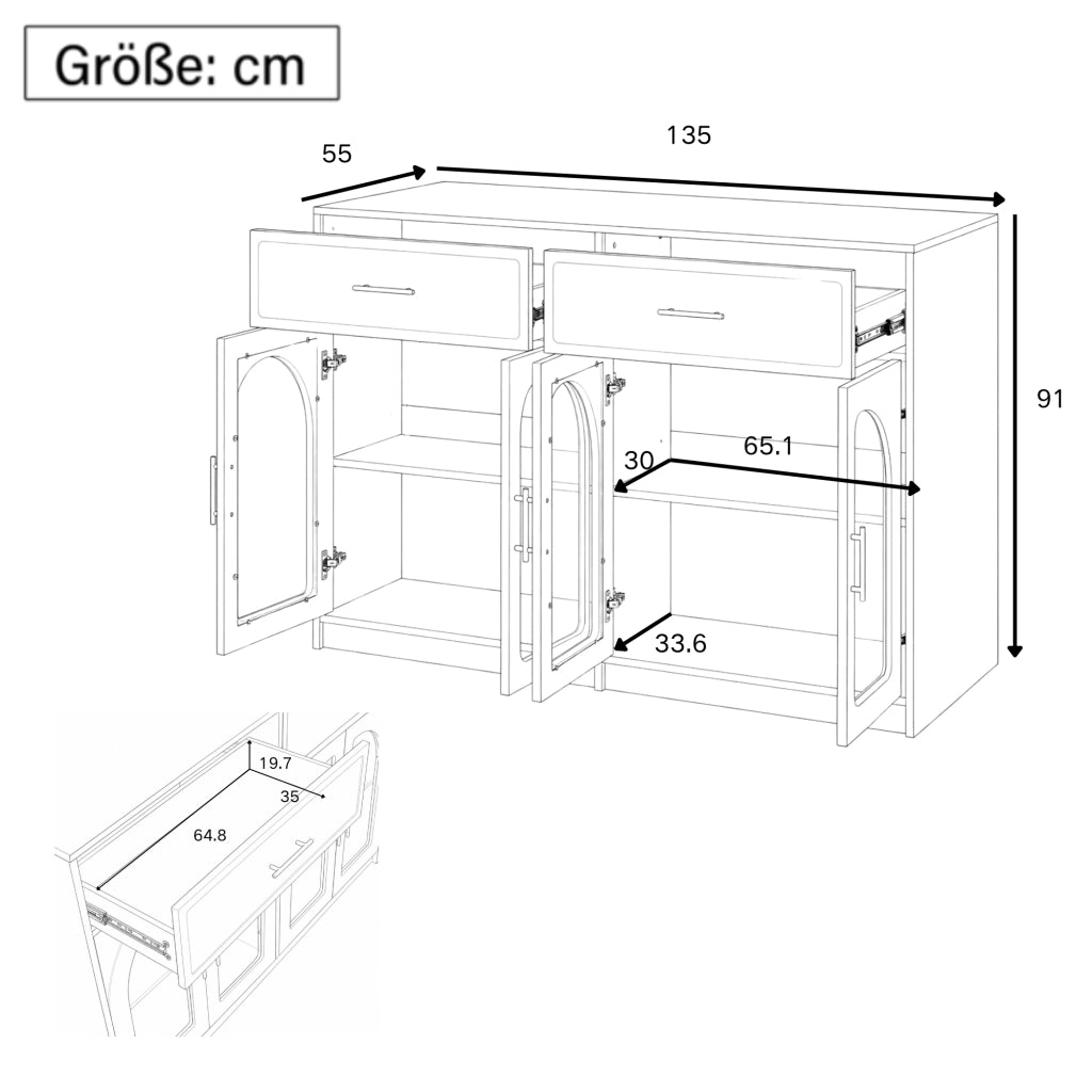 Isola da cucina con LED; ante trasparenti; 2 cassetti e ripiani regolabili bianca in MDF 135 × 55 × 91 cm
