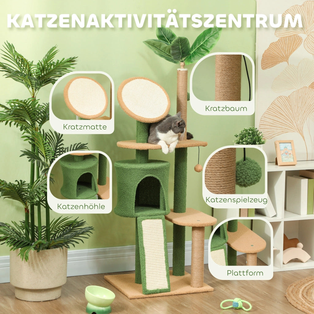 Tiragraffi verde 139 cm con cuccia, rampa e giochi per gatti
