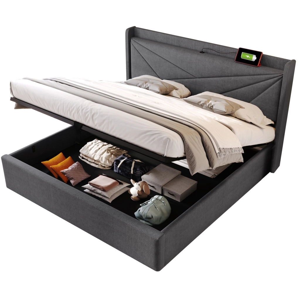 Letto matrimoniale 160x200 cm con contenitore; USB e USB-C; cotone e lino grigio