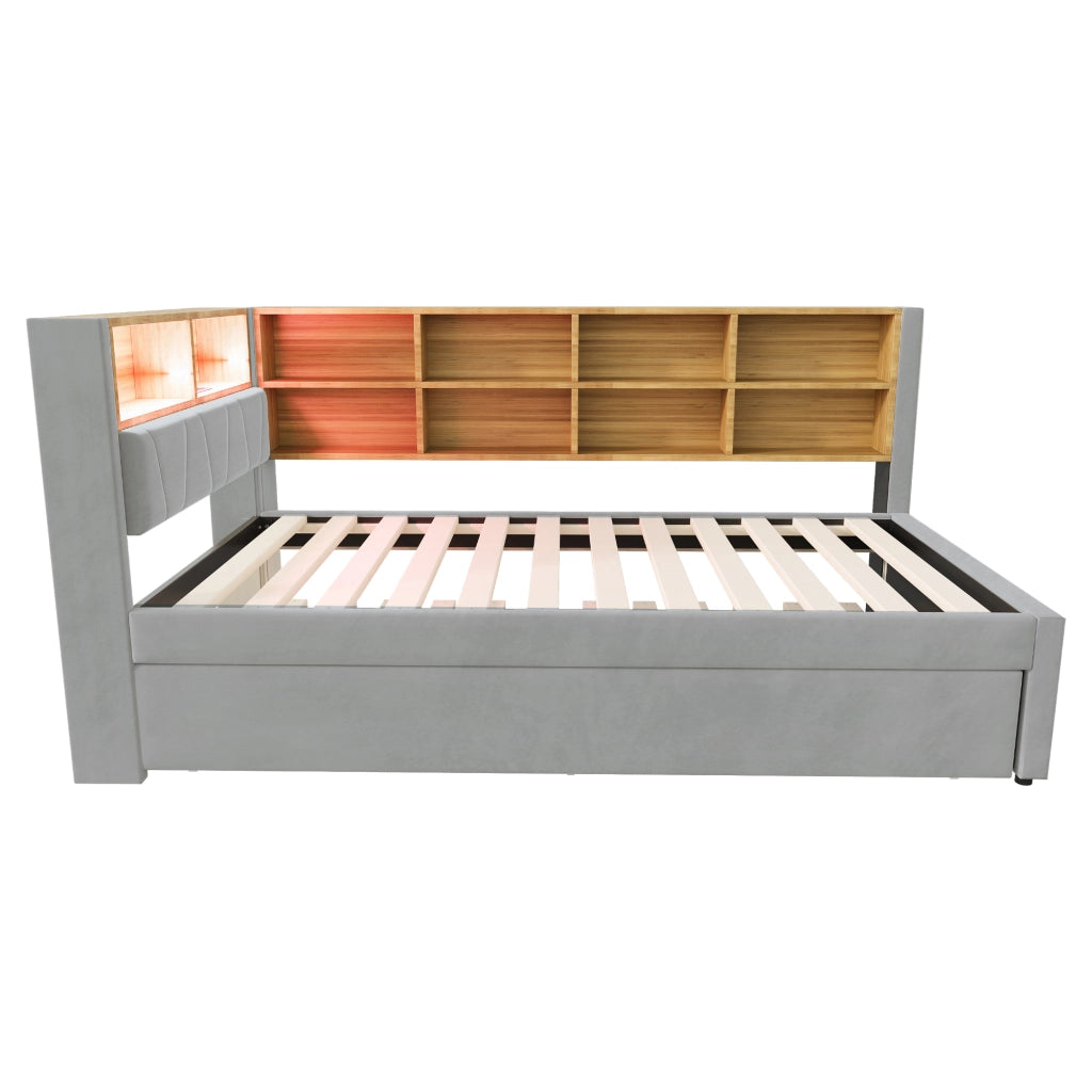 Letto con letto estraibile 90 × 200 cm con LED USB Type-C presa e vani portaoggetti in flanella grigio chiaro