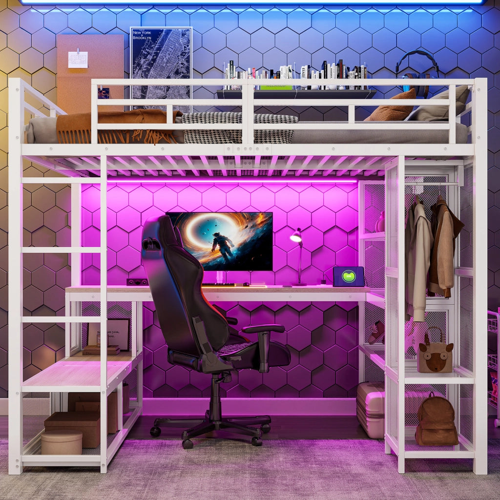 Letto a soppalco 140 × 200 cm con scrivania armadio aperto LED USB in metallo e MDF bianco