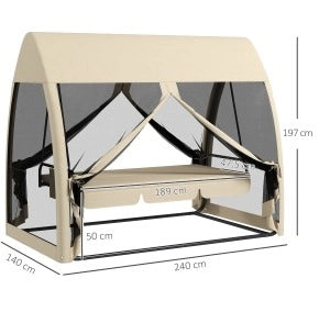 Schaukelbank 3-Sitzer mit Liegefunktion, Baldachin und Mückennetz, 240 x 140 x 197 cm, Kaffee