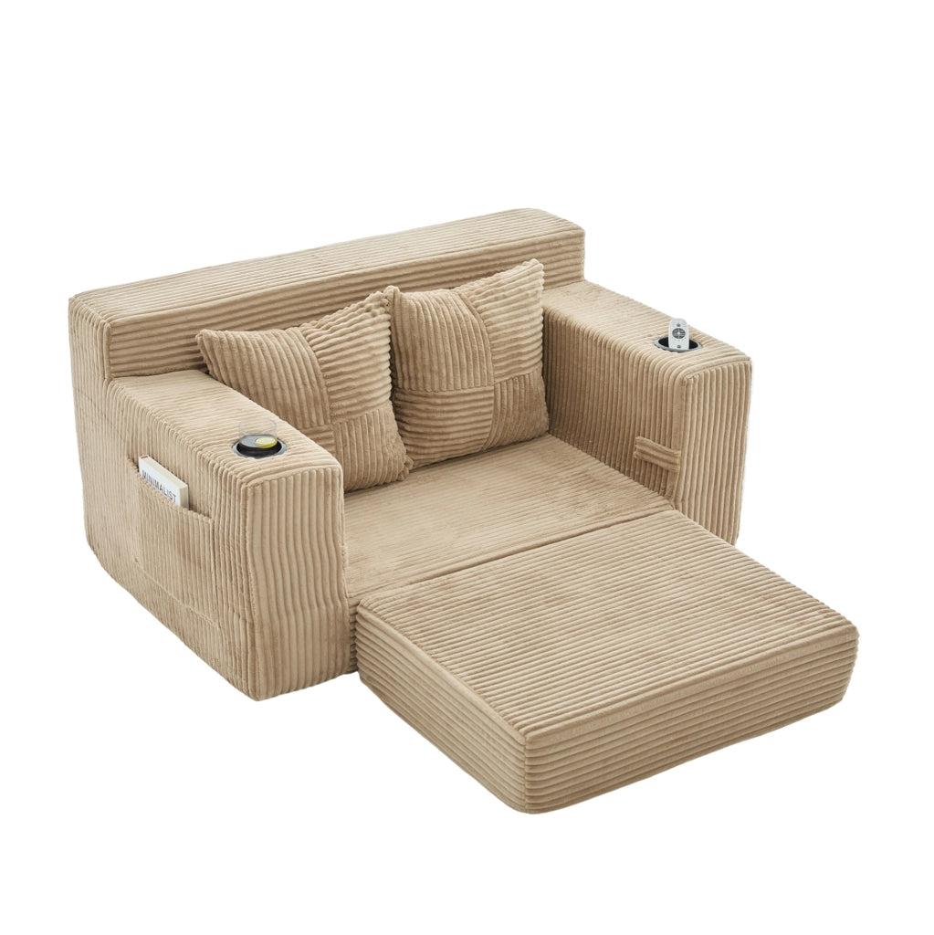 Divano imbottito 151x133x64 cm in velluto a coste kaki con tasche laterali