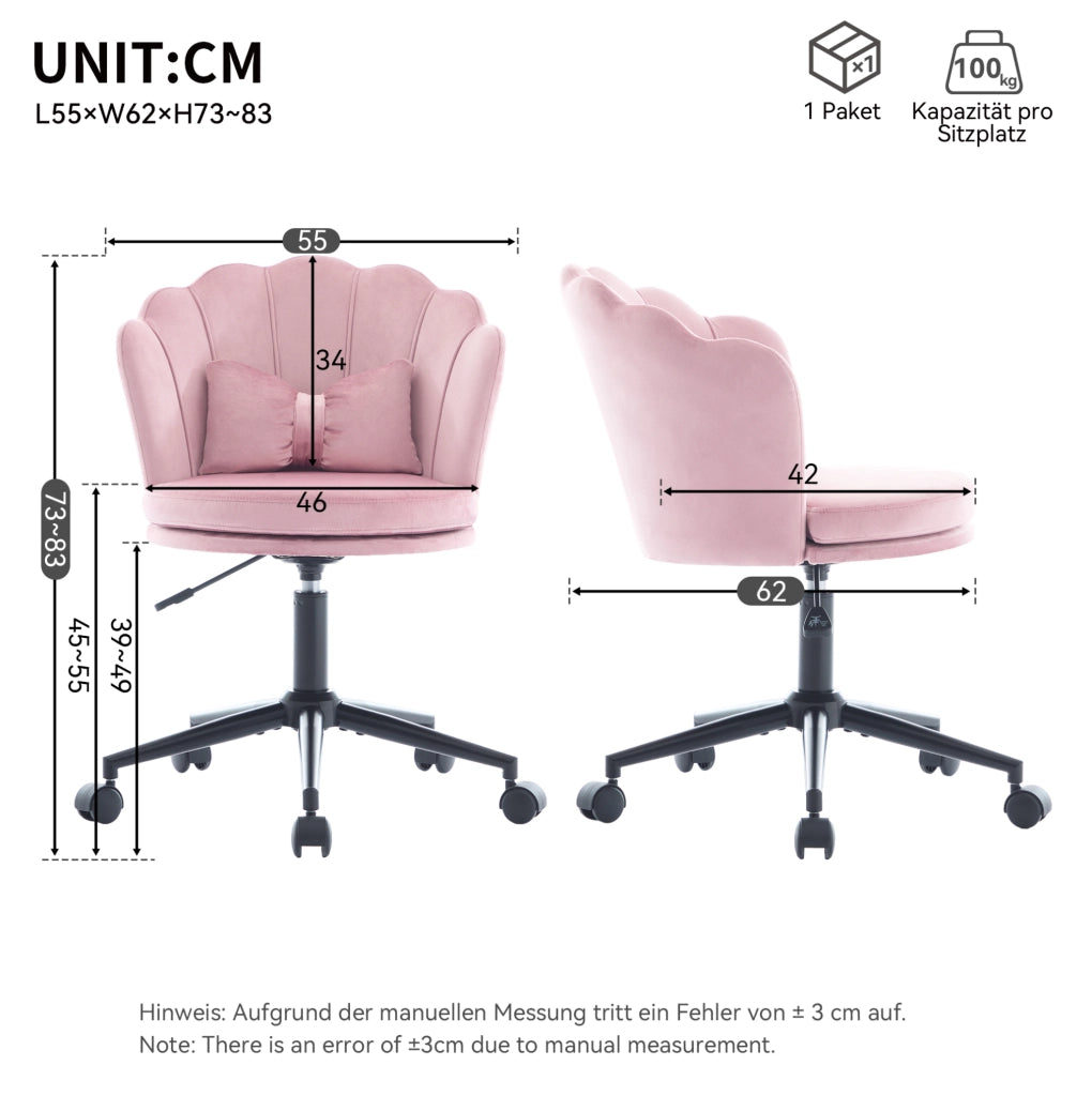 Sedia da scrivania girevole regolabile 55x62x73-83 cm in velluto rosa con cuscino lombare
