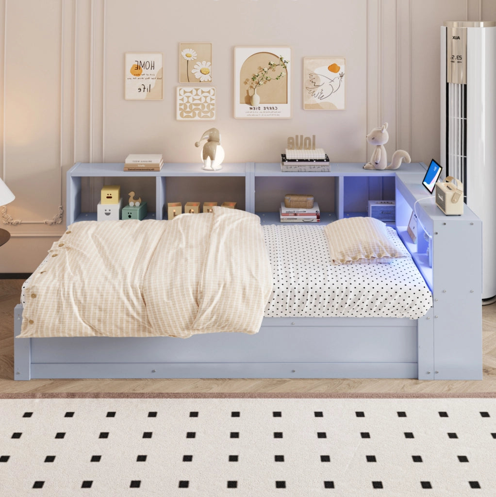 Letto multifunzione 90 x 200 cm grigio con LED, presa integrata e contenitore idraulico