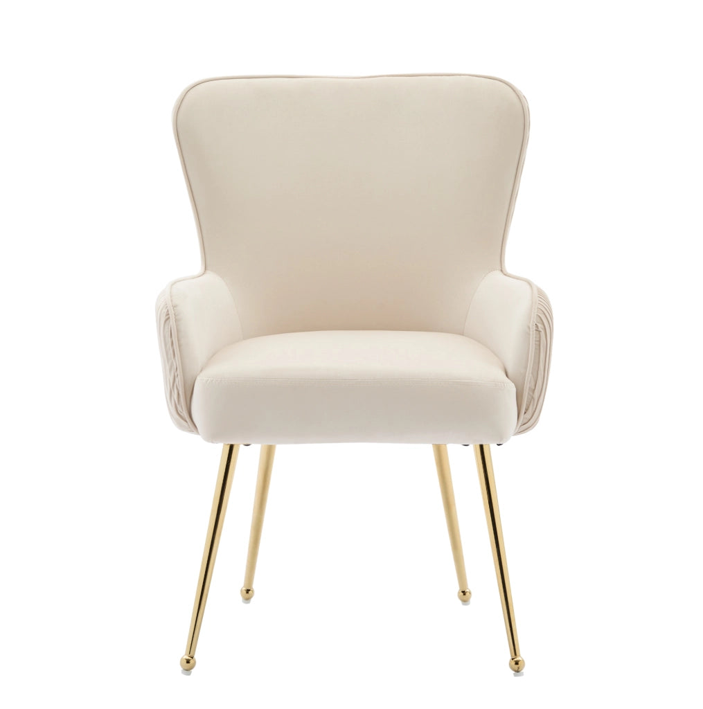 Set di 2 Sedie da Pranzo in Velluto Beige con Gambe Metalliche Dorate Regolabili e Braccioli