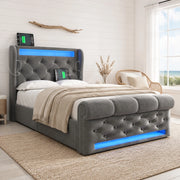Letto singolo con contenitore 90 × 200 cm con LED USB e Type-C rivestito in velluto grigio con materasso