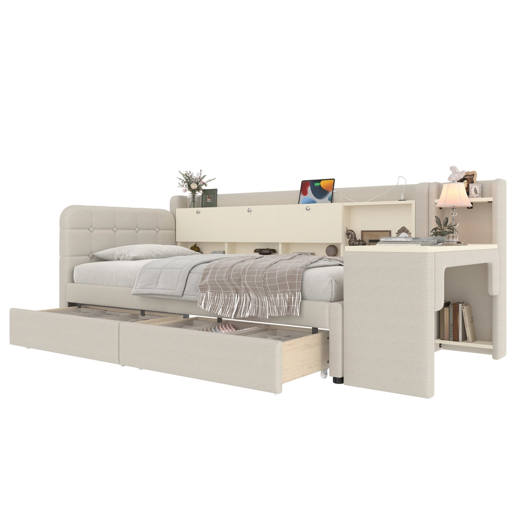 Letto giorno funzionale in lino beige 90x200 cm