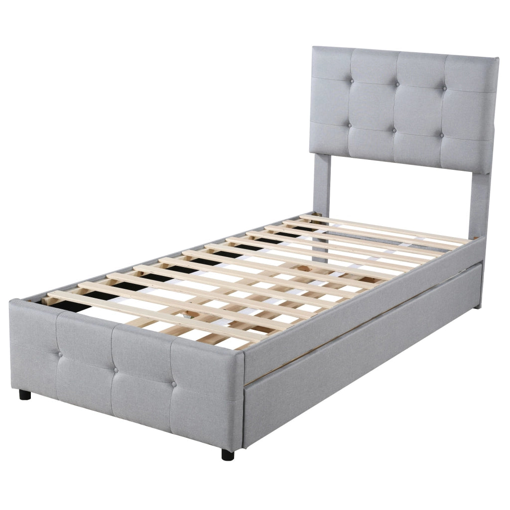 Letto con letto estraibile 90 × 200 cm testiera regolabile imbottito in tessuto di lino grigio con rete a doghe