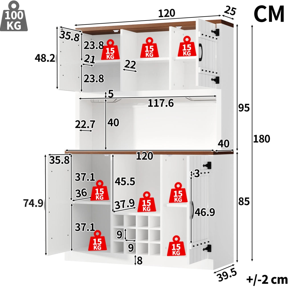 Hochschrank mit Scheunentor-Türen, RGB-LED-Beleuchtung, verstellbaren Böden und Weinflaschenständer, 120×40×180 cm, Weiß