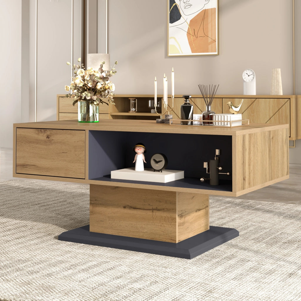Tavolino da salotto 100x50x46;5 cm con vani portaoggetti su due lati; truciolare melaminico grigio rovere