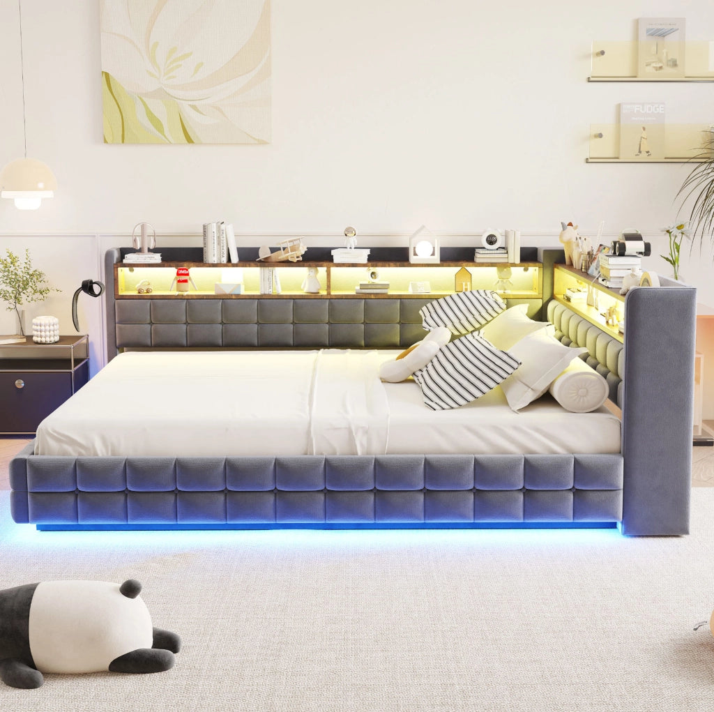 Divano letto imbottito con contenitore; LED; prese USB e Type-C; 140x200 cm; grigio