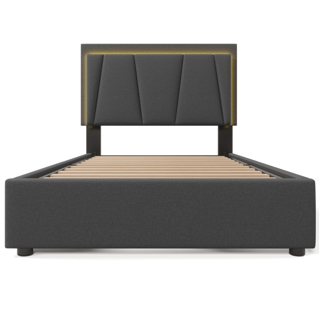 Letto singolo 90 × 200 cm con LED e 2 cassetti testiera regolabile in lino grigio senza materasso