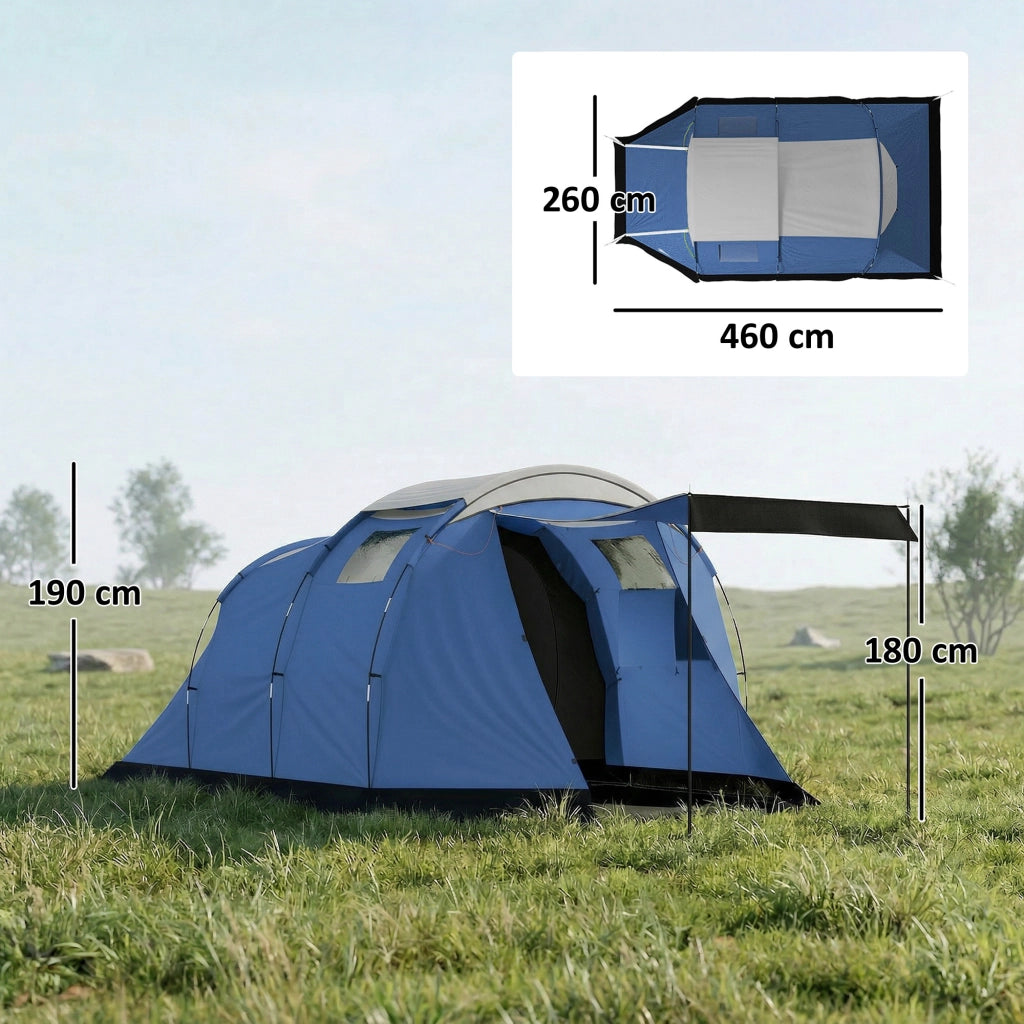 Tenda da Campeggio a Tunnel per 4 Persone Impermeabile 3000mm a Doppio Strato Altezza 190cm in Poliestere Blu Scuro con Veranda per Outdoor