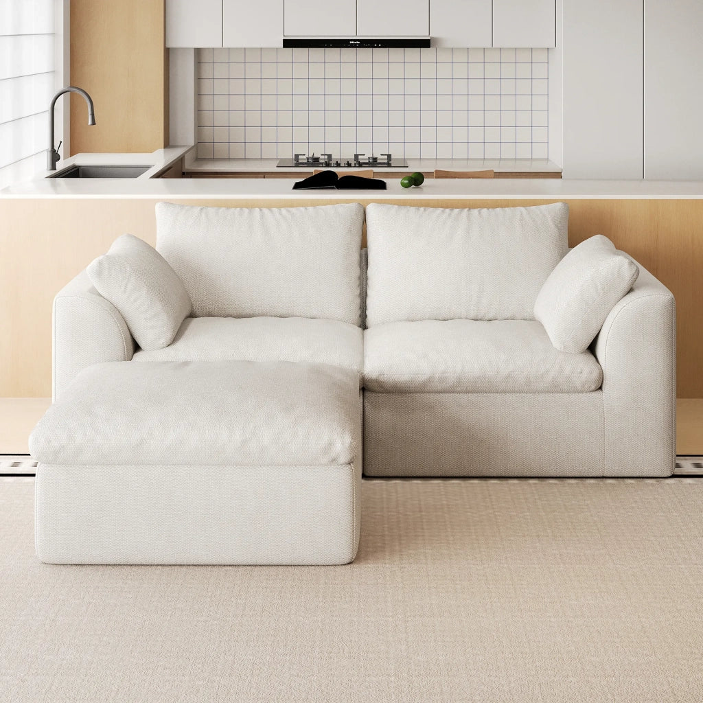 Divano a L 3 posti 180 cm, schiuma compressa sottovuoto, beige e bianco, per soggiorno