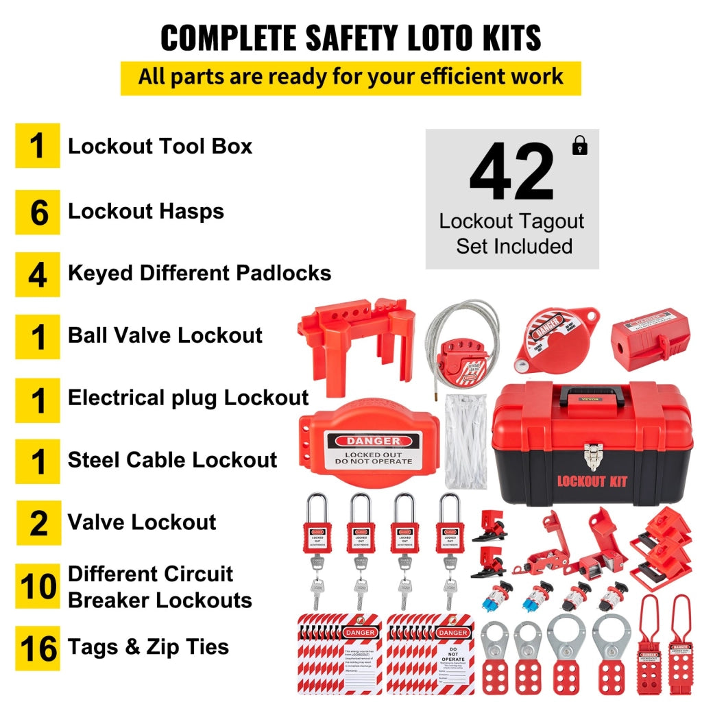 Kit di Blocco Sicurezza Elettrica 42 Pezzi con Lucchetti Tagout Serrature Etichette e Valigetta Robusto per Manutenzione e Officina