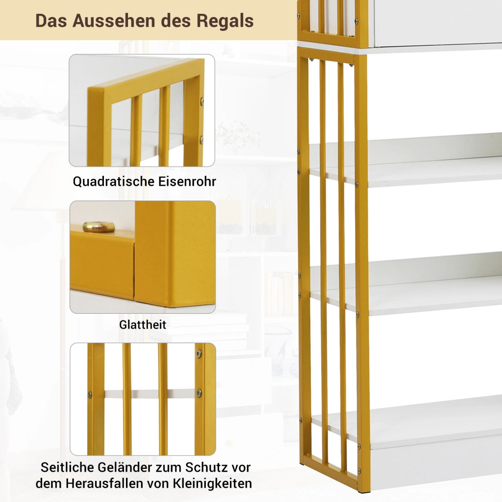 Libreria con ripiani aperti cassetti e vani chiusi in pannello di particelle bianco e oro