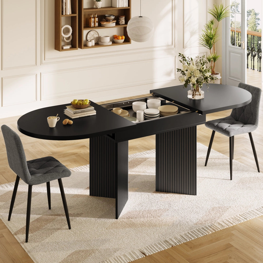Tavolo allungabile con piano telescopico e gambe scanalate, per cucina e soggiorno, in MDF nero, 120-160 × 80 × 75 cm