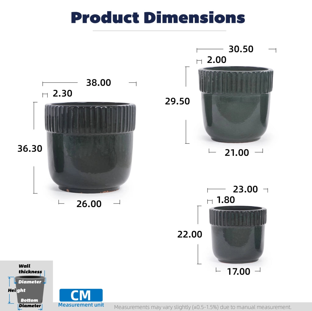 Set di 3 Vasi in Ceramica Artigianali Ø 38/30,5/23 cm, Verde Scuro Lucido con Righe Verticali, con Fori di Drenaggio per Giardino e Balcone