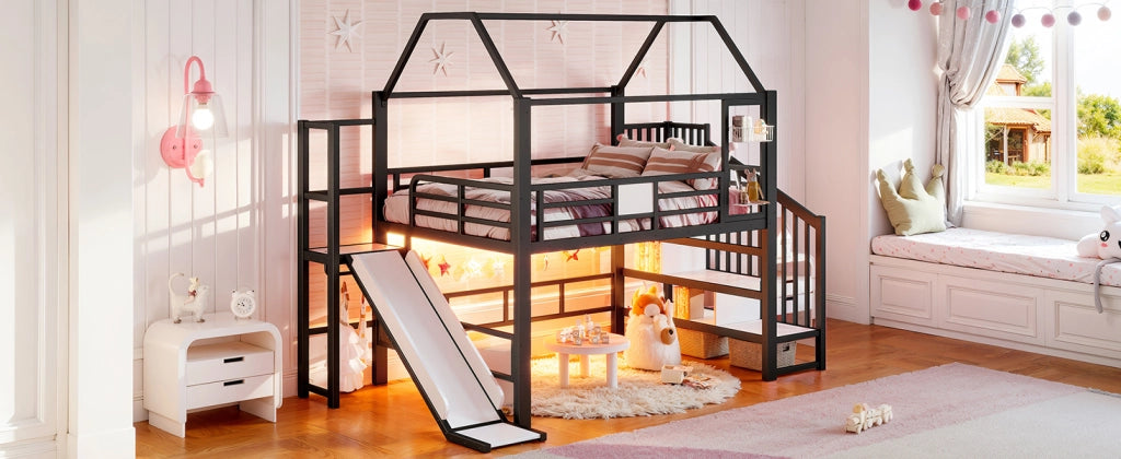 Letto a soppalco per bambini 140 × 200 cm con scivolo scala LED Bluetooth in MDF e metallo nero