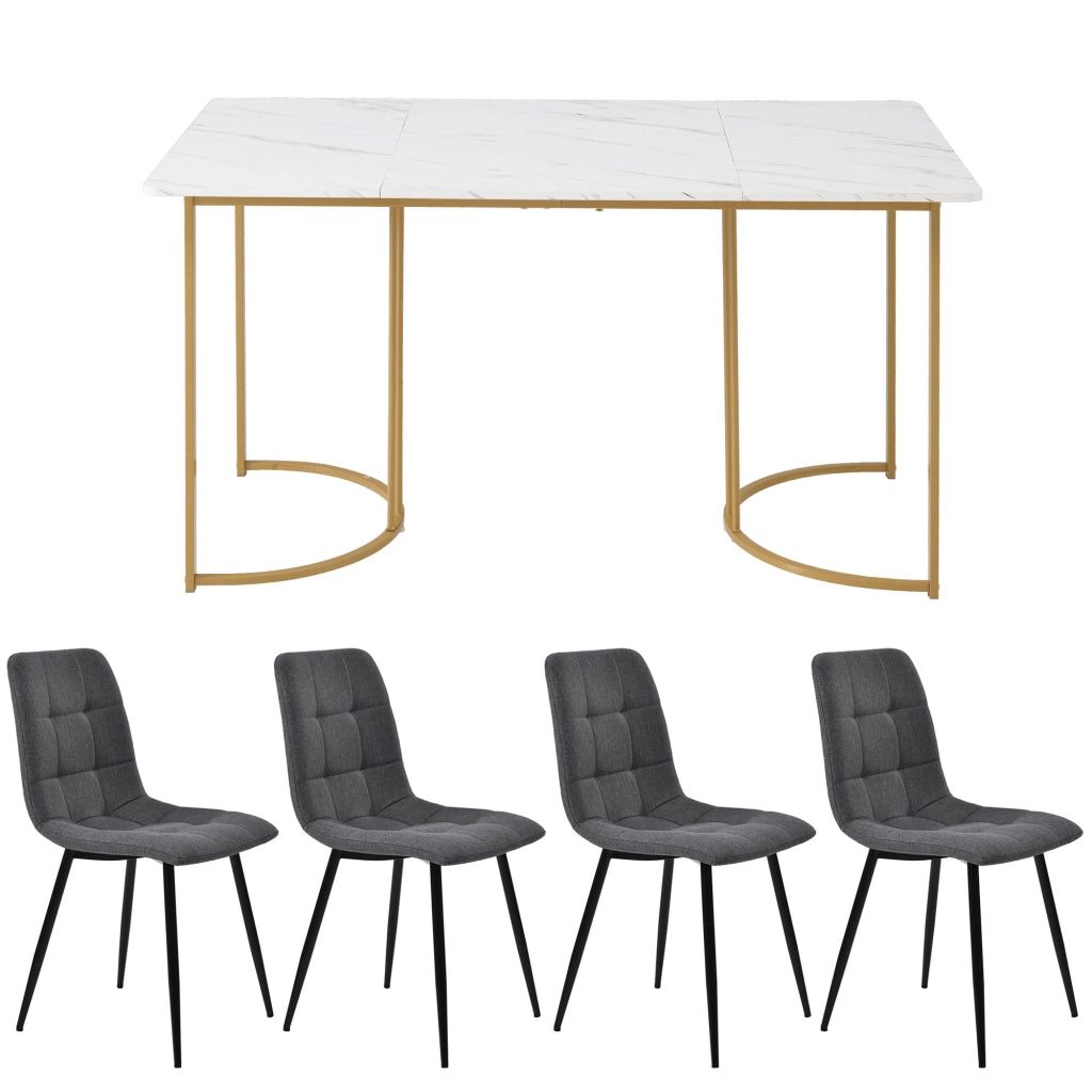 Set Tavolo da Pranzo con 4 Sedie ¨C Xylo ¨C Piano MDF Bianco, Gambe Dorate, Tessuto Grigio, 140x80 cm