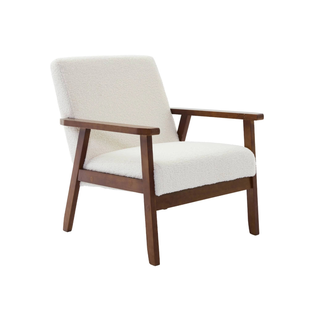 Poltrona scandinava bouclé in legno di hevea tinto noce chiaro, crema