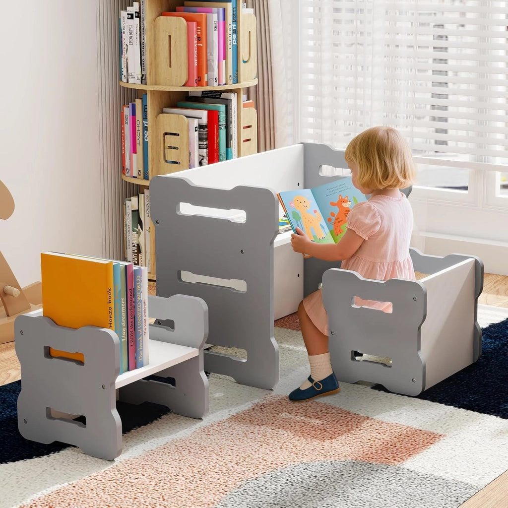 Set Tavolo e Sedia per Bambini, Set 3 Pezzi per Bambini con 2 Sgabelli e Tavolo Attività, Angoli Arrotondati e Maniglia, Mobili Multifunzionali per Casa, Scuola e Asilo (Grigio)