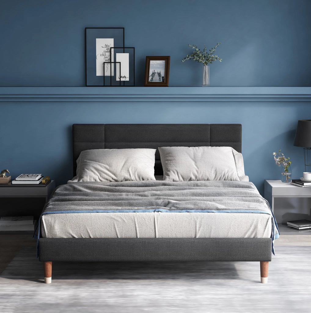Letto matrimoniale 140x200 cm in lino grigio con rete a doghe e spazio contenitore