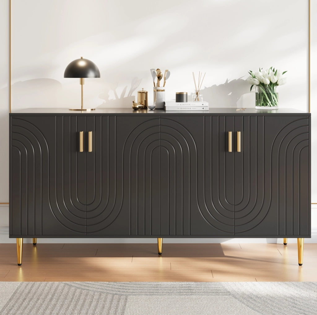 Sideboard nero in MDF 152x40x75 cm con design ondulato, maniglie e piedi dorati per zona pranzo elegante