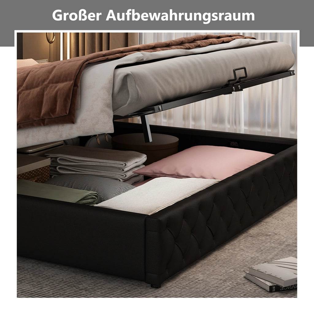 Letto matrimoniale imbottito 180 × 200 cm con contenitore rete a doghe LED regolabile in PU nero