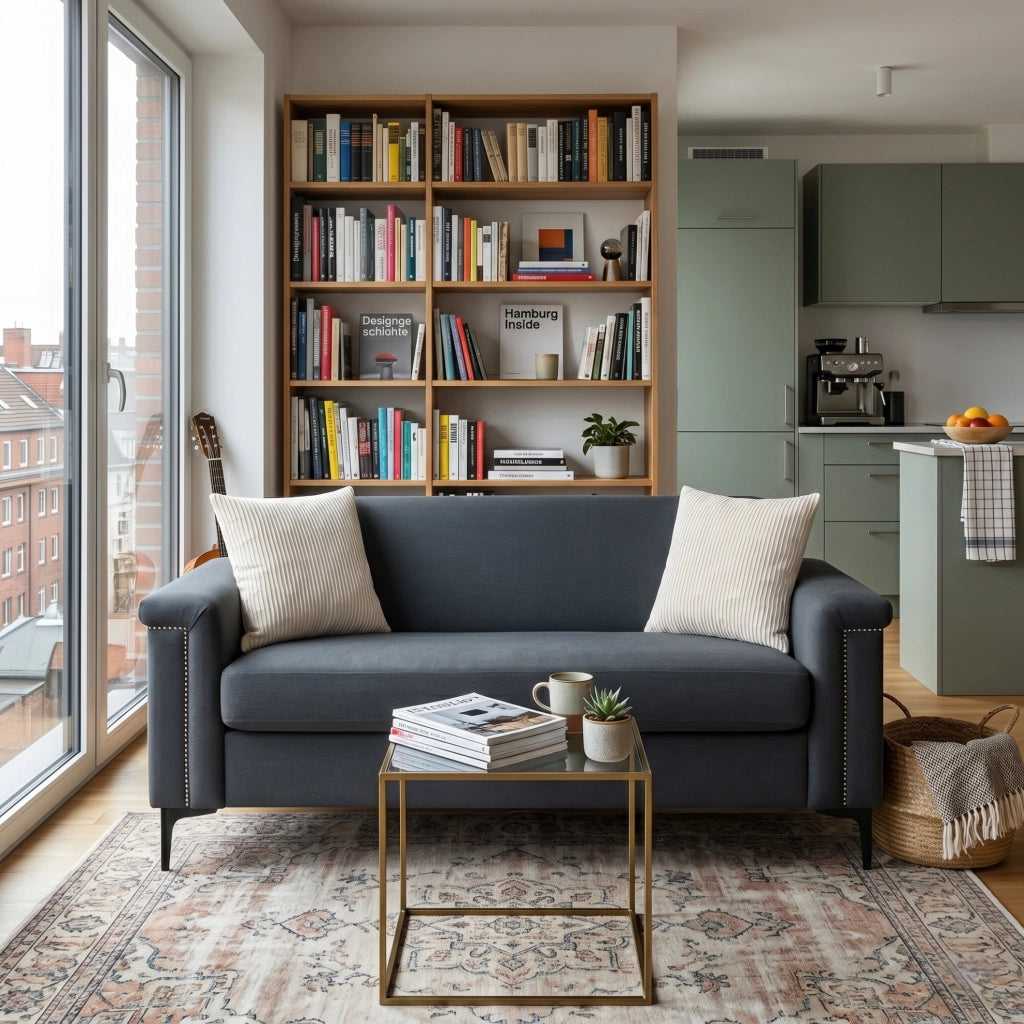 Divano 2 posti nordico in tessuto lino fine, struttura in legno massiccio e gambe in metallo nero 172×72×82 cm