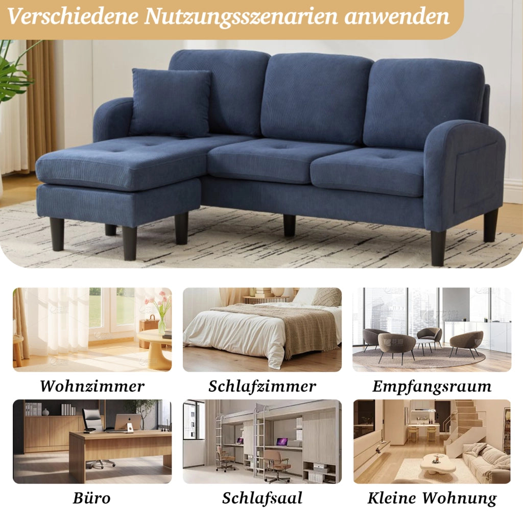 Divano angolare modulare blu, 3 posti, con chaise longue