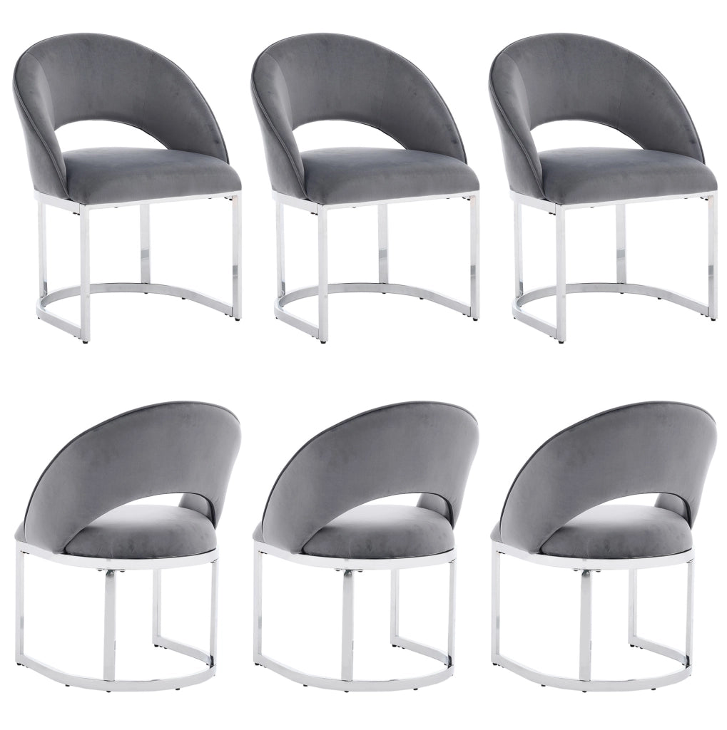 Set di 6 sedie da pranzo in velluto grigio con gambe in metallo argento