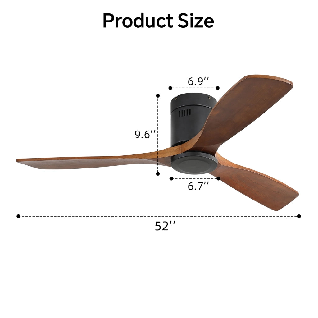 Ventilatore a soffitto basso profilo 132 cm con pale in legno massello, motore DC reversibile silenzioso e telecomando, senza luce