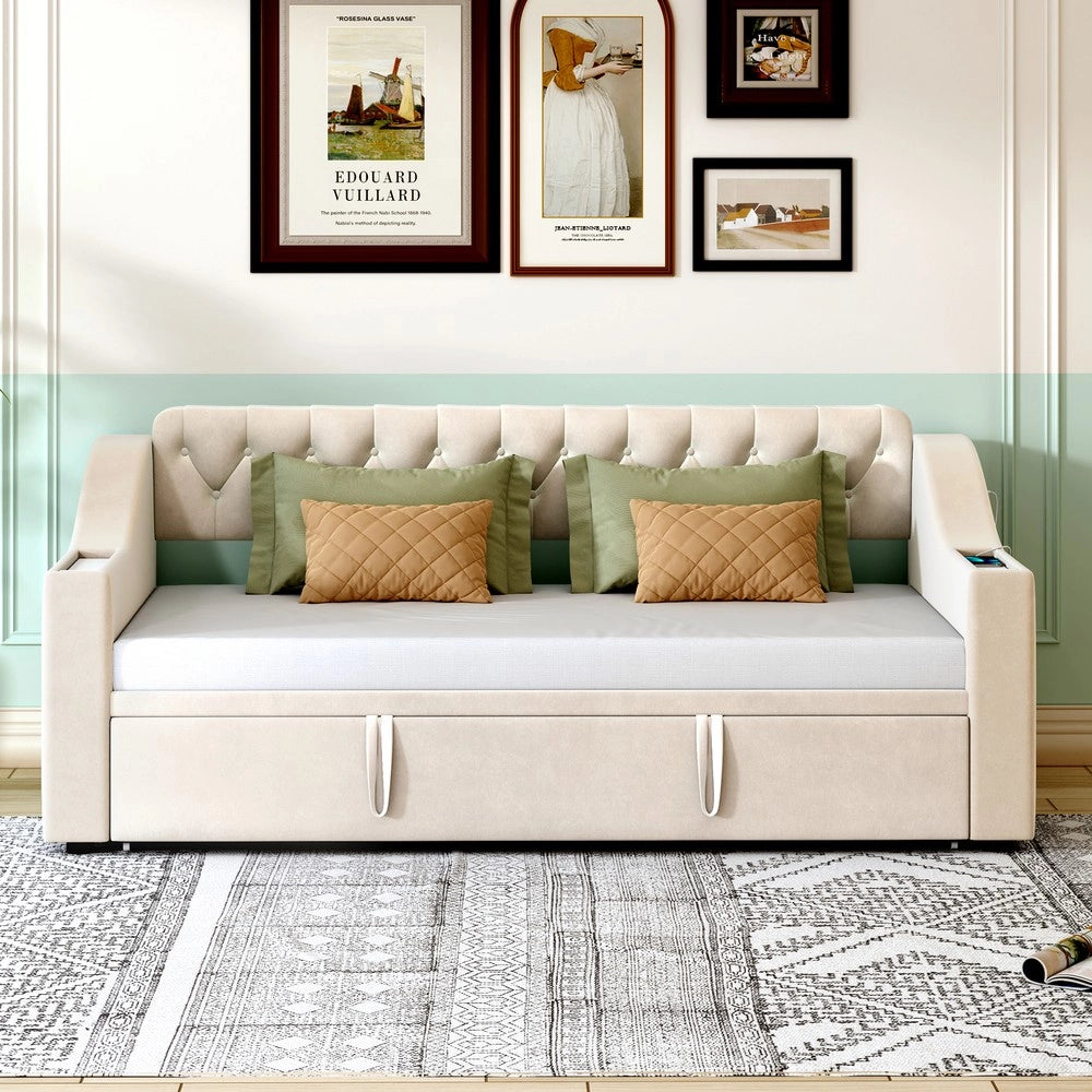 Letto Imbottito con Rete a Doghe e USB ¨C MINIMAL ¨C Velluto Beige 90x190 / 180x190