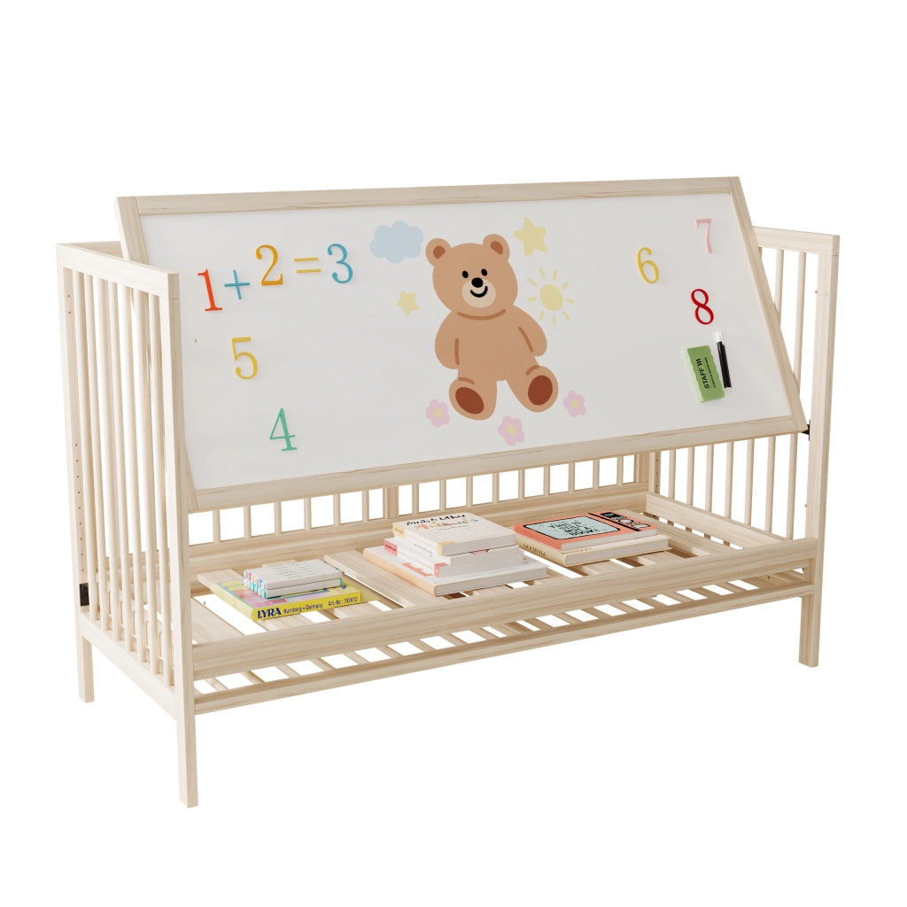 Letto bambino 140×60 cm convertibile in lettino laterale; tavolo e scrivania; senza materasso; legno massello; naturale