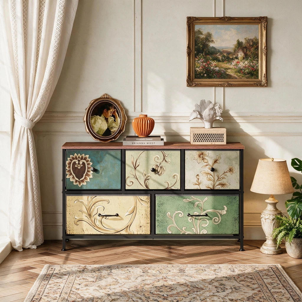 Cassettiera camera da letto 30x100x55 cm con cassetti in tessuto motivo floreale vintage mobiletto multiuso in legno e acciaio - verde