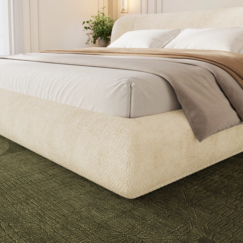 Letto imbottito 140x190 cm con testiera e doghe in ciniglia beige